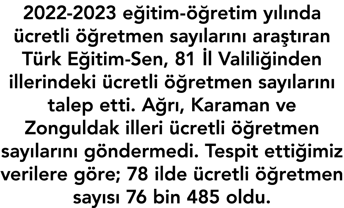 2022-2023 eğitim-öğretim yılında ücretli öğretmen sayılarını araştıran Türk Eğitim-Sen, 81 İl Valiliğinden illerindek   