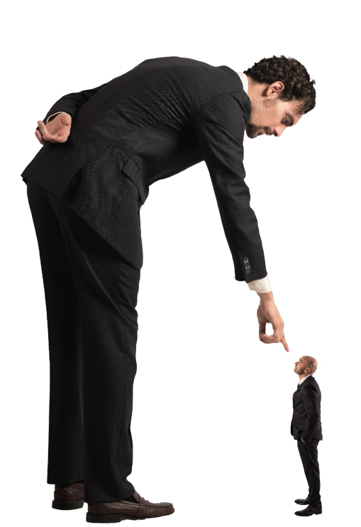 Big businessman looking and pointing a small man