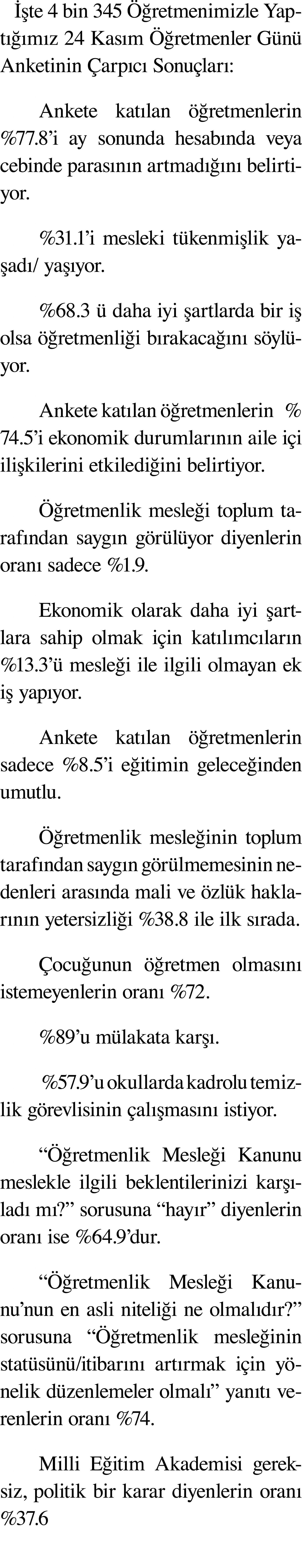 İşte 4 bin 345 Öğretmenimizle Yaptığımız 24 Kasım Öğretmenler Günü Anketinin Çarpıcı Sonuçları:   Ankete katılan öğre   
