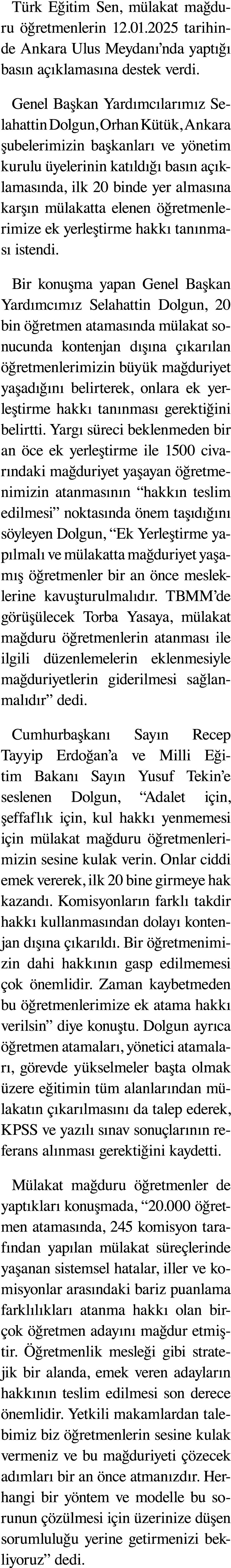 T rk E itim Sen, m lakat ma duru  retmenlerin 12.01.2025 tarihinde Ankara Ulus Meydan ’nda yapt    bas n a  klamas n...