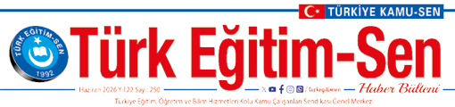 A red and blue sign with white letters that says “Turk Egitim-Sen" on it. Description generated by AI