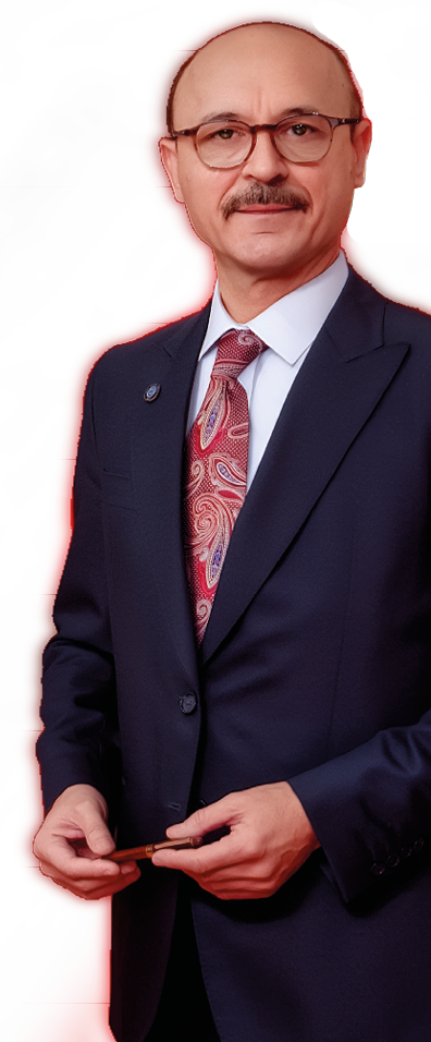 A man wearing a suit and tie stands in front of a red and white striped background. Description generated by AI