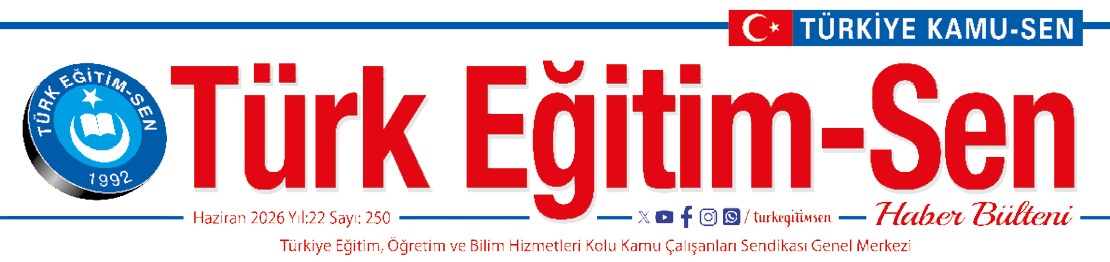A red and blue sign with white letters that say “Turk Egitim-Sen". Description generated by AI
