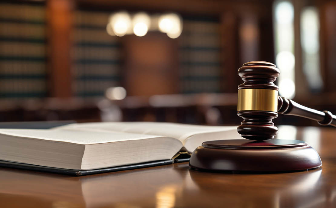 A wooden desk with a book and a gavel on it. Description generated by AI