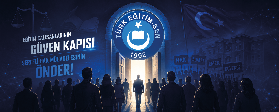 A group of people stands facing an open door emitting bright light with a logo above it and text in Turkish on a dark blue background featuring a flag and scales of justice. Description generated by AI