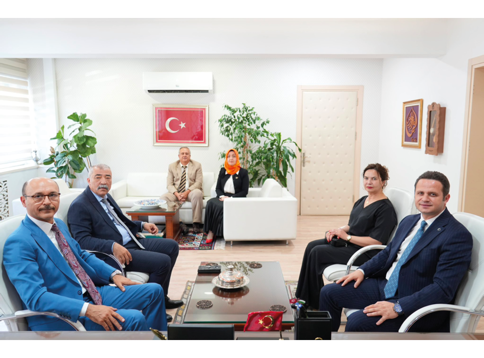 Six adults dressed in formal and traditional clothing are seated in a modern office with plants, a Turkish flag on the wall, and a coffee table with decorative items. Description generated by AI
