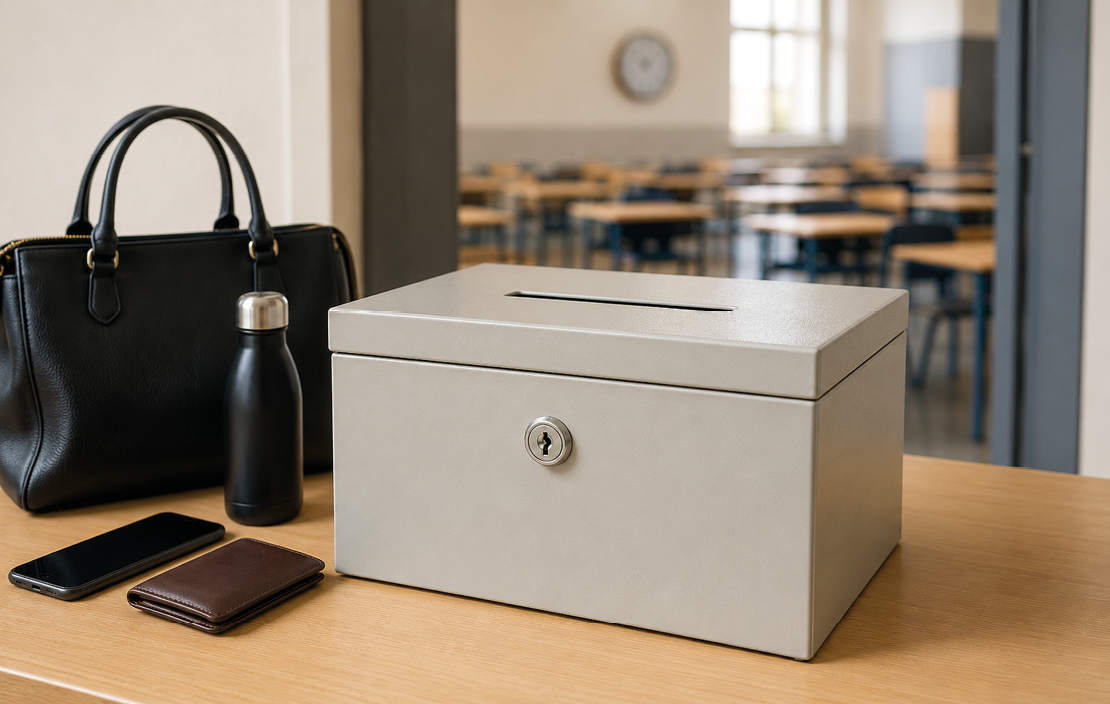 A locked gray metal ballot box with a slot on top sits on a wooden table next to a black water bottle, a black handbag, and a brown wallet in a room with blurred chairs and tables in the background. Description generated by AI