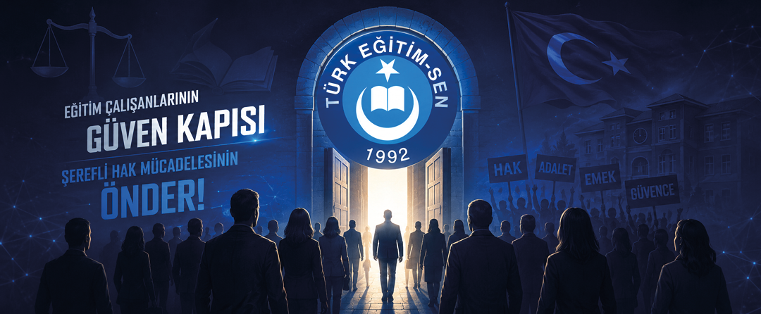 A group of people stands facing an open door emitting bright light with a logo above it and text in Turkish on a dark blue background featuring a flag and scales of justice. Description generated by AI