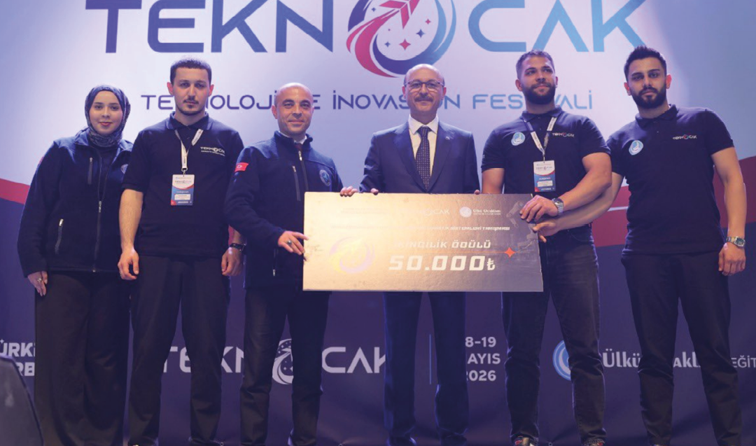 A group of men standing in front of a podium. Description generated by AI