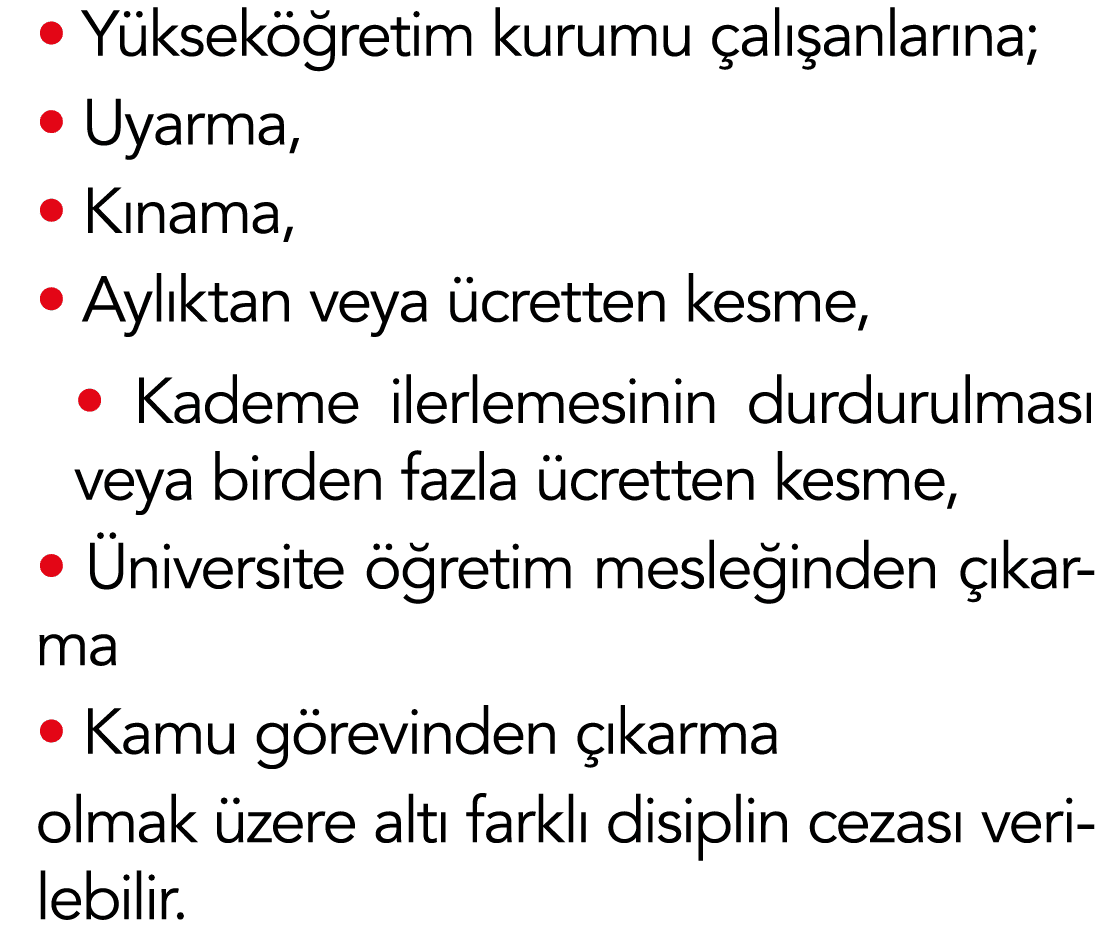   Yükseköğretim kurumu çalışanlarına;   Uyarma,   Kınama,   Aylıktan veya ücretten kesme,   Kademe ilerlemesinin durd   