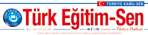 A red and blue sign with white letters that says “Turk Egitim-Sen" in white letters. Description generated by AI